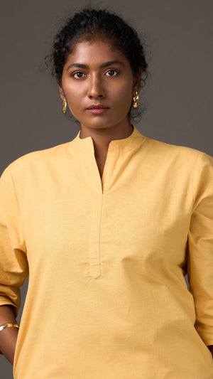 KANSO | Yellow Cotton Linen Mandarin Collar long Kurta