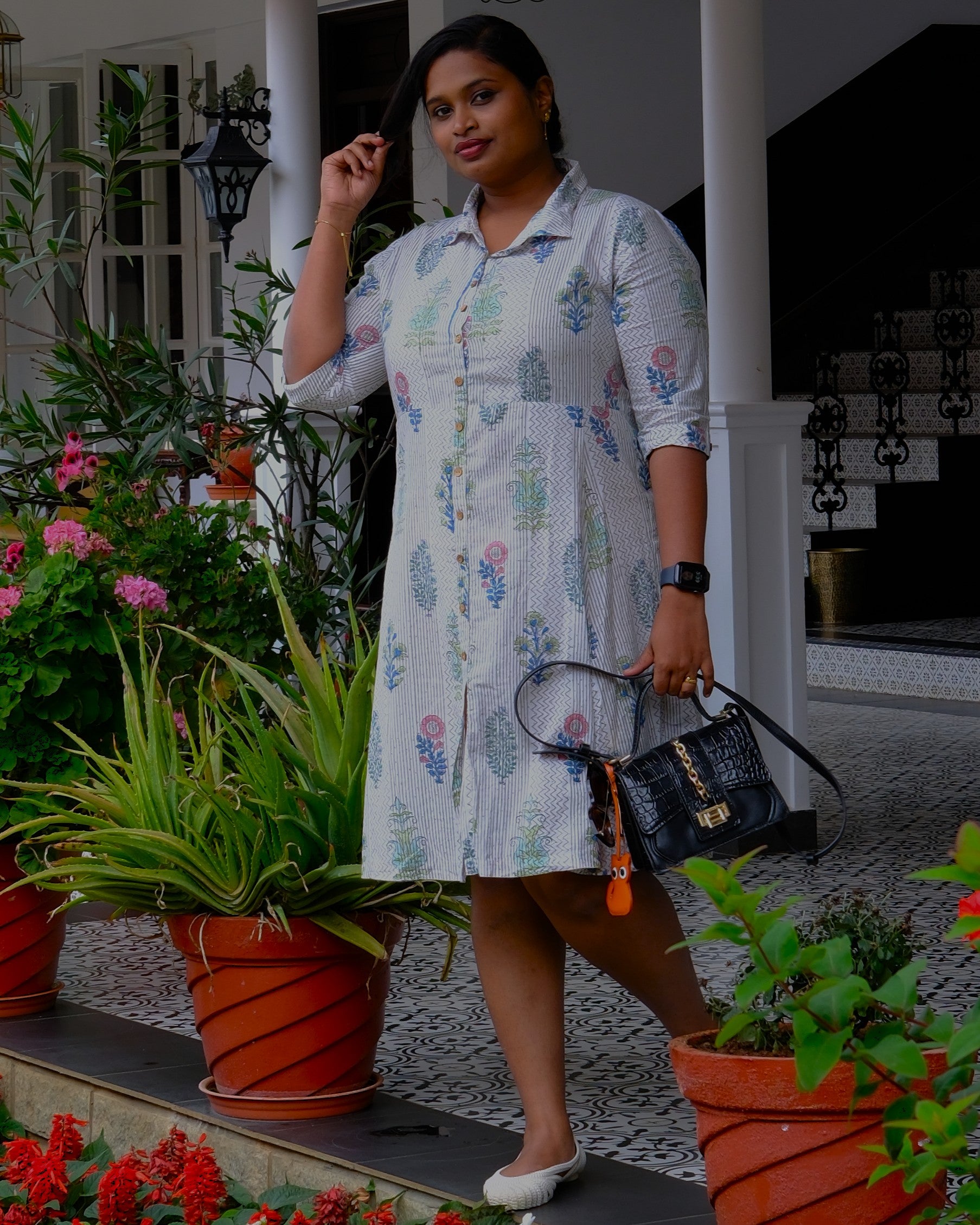 Sanganeri Hand Block Print A-Line Shirt Dress — Ivory | 100% Premium Cotton