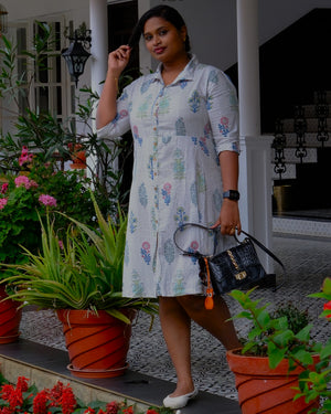 Sanganeri Hand Block Print A-Line Shirt Dress — Ivory | 100% Premium Cotton