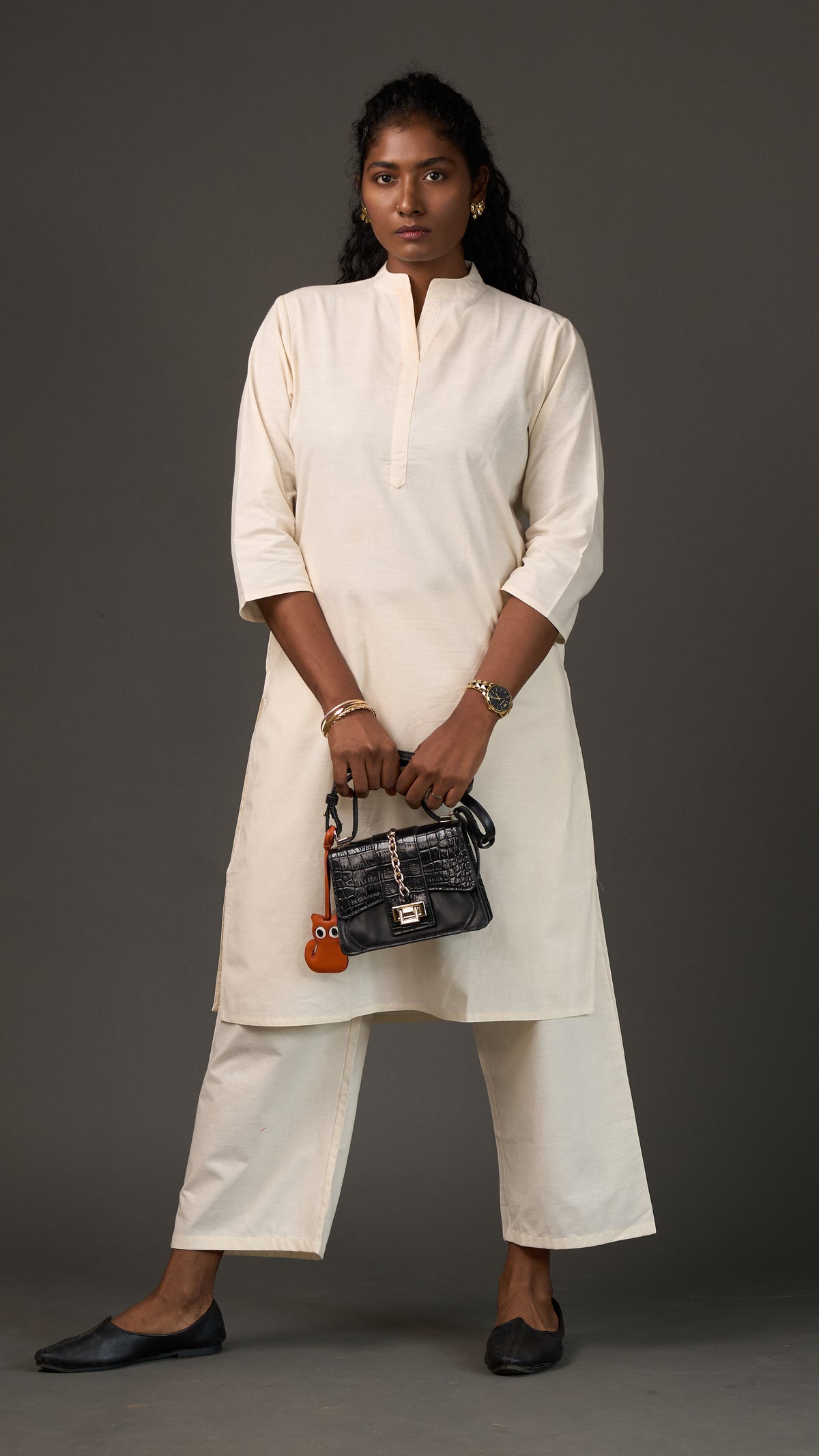 KANSO | White Cotton Linen Mandarin Collar long Kurta