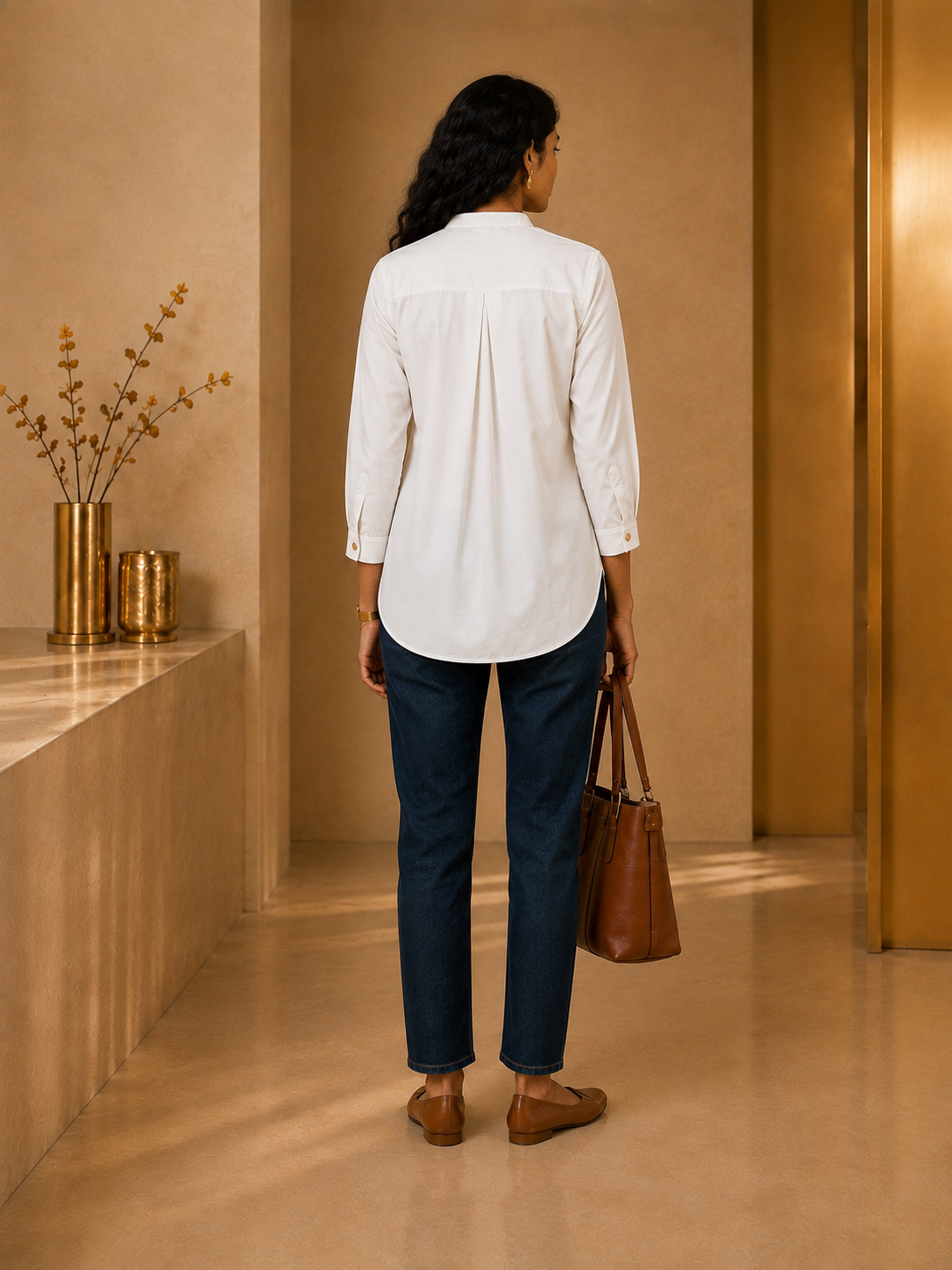 KANSO Women's Cotton Linen Mandarin Collar Top | Button-Down High-Low Hem Shirt