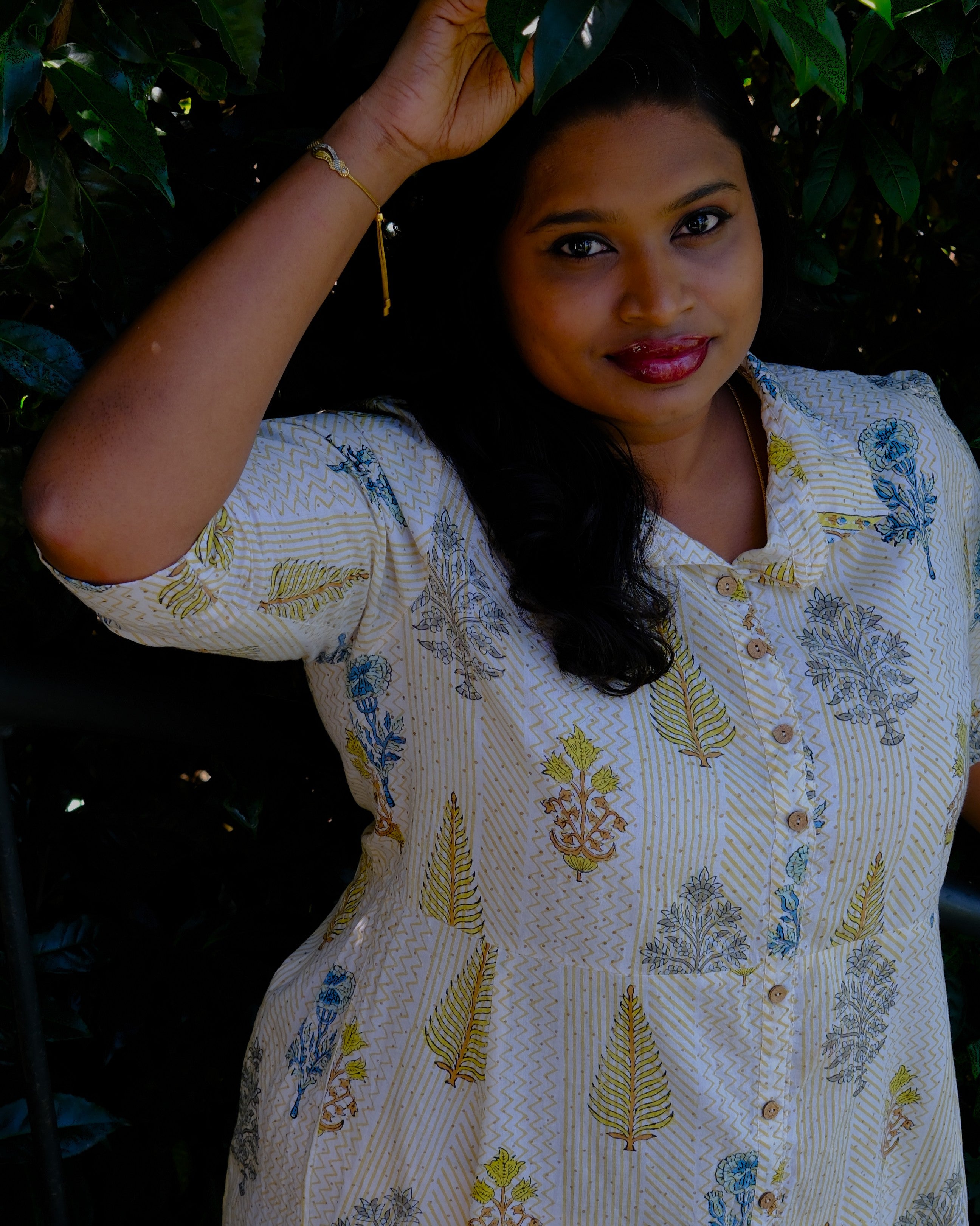 Sanganeri Hand Block Print A-Line Shirt Dress — Mustard Stripe | 100% Premium Cotton