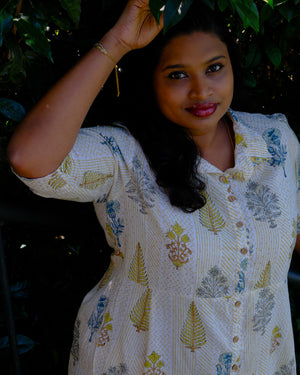 Sanganeri Hand Block Print A-Line Shirt Dress — Mustard Stripe | 100% Premium Cotton