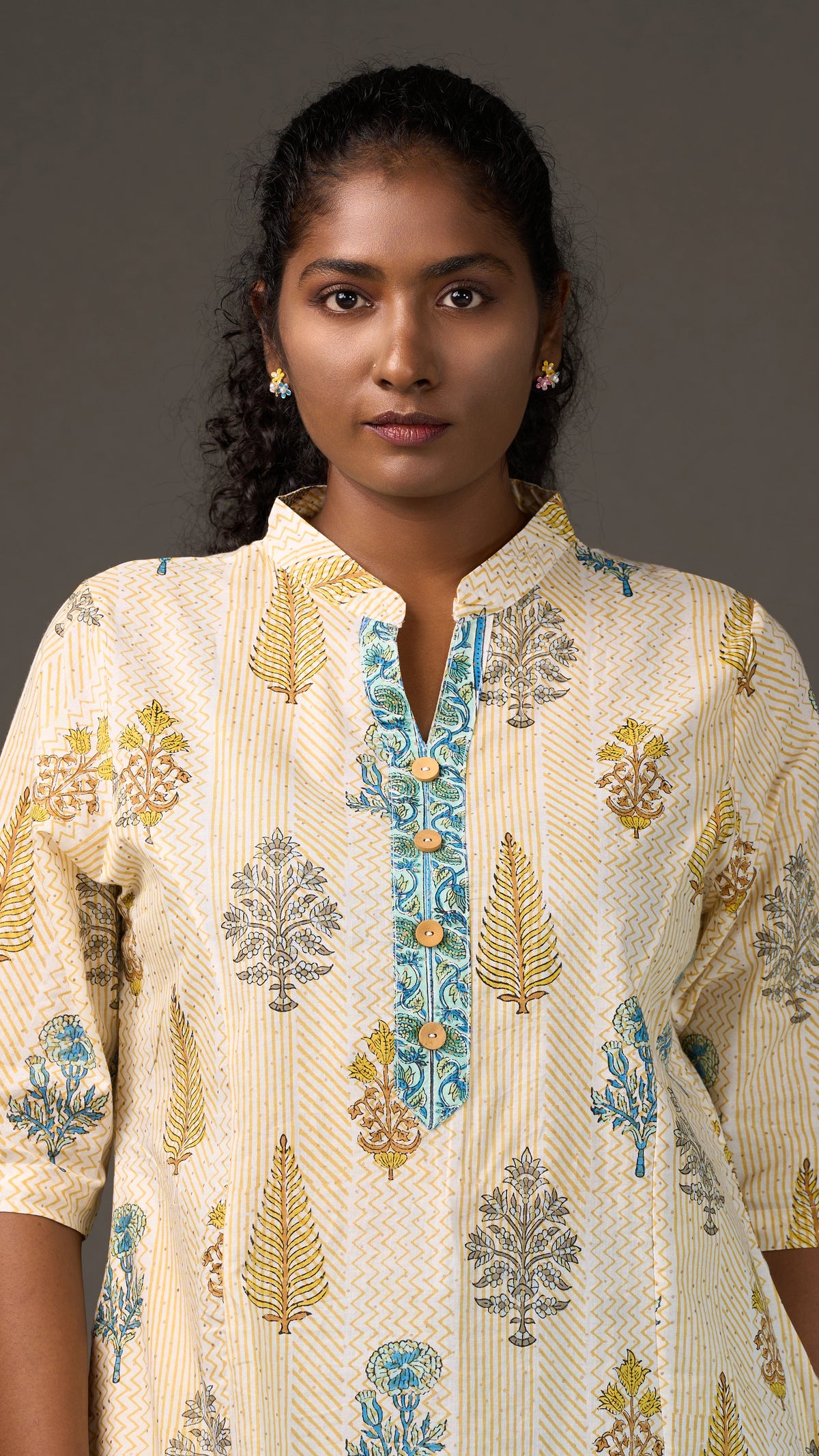 SANGANERI | Ivory Yellow striped Floral Cotton Tunic Dress