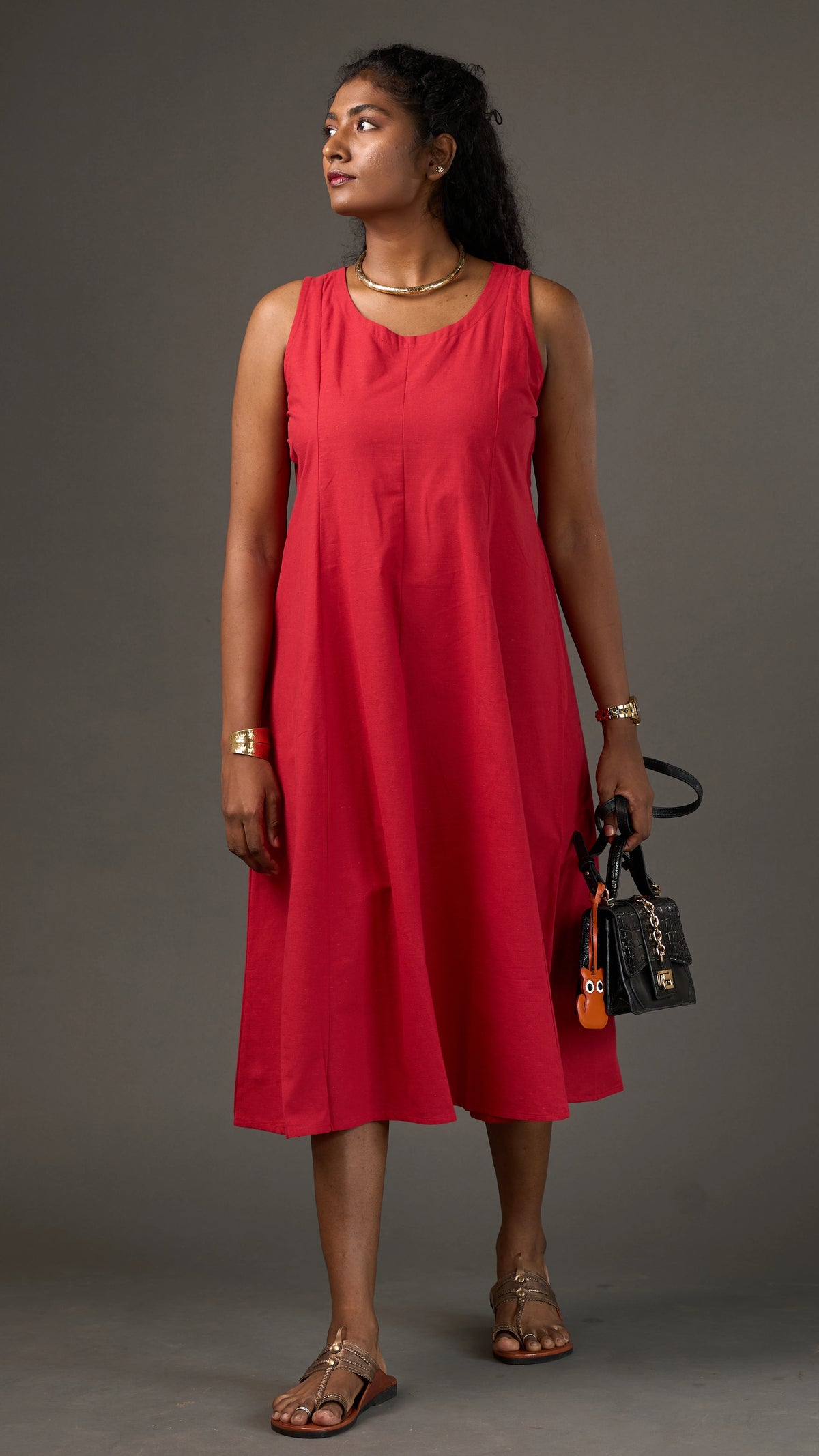 KANSO | Red Sleeveless Cotton Linen A-Line Midi Dress