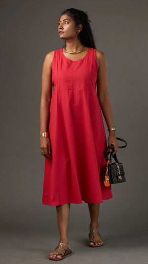 KANSO | Red Sleeveless Cotton Linen A-Line Midi Dress
