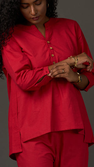 KANSO | Red Cotton Linen Mandarin Collar Tunic with Wooden Buttons