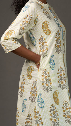 SANGANERI | Ivory Pistachio striped Floral Cotton Shirt Dress