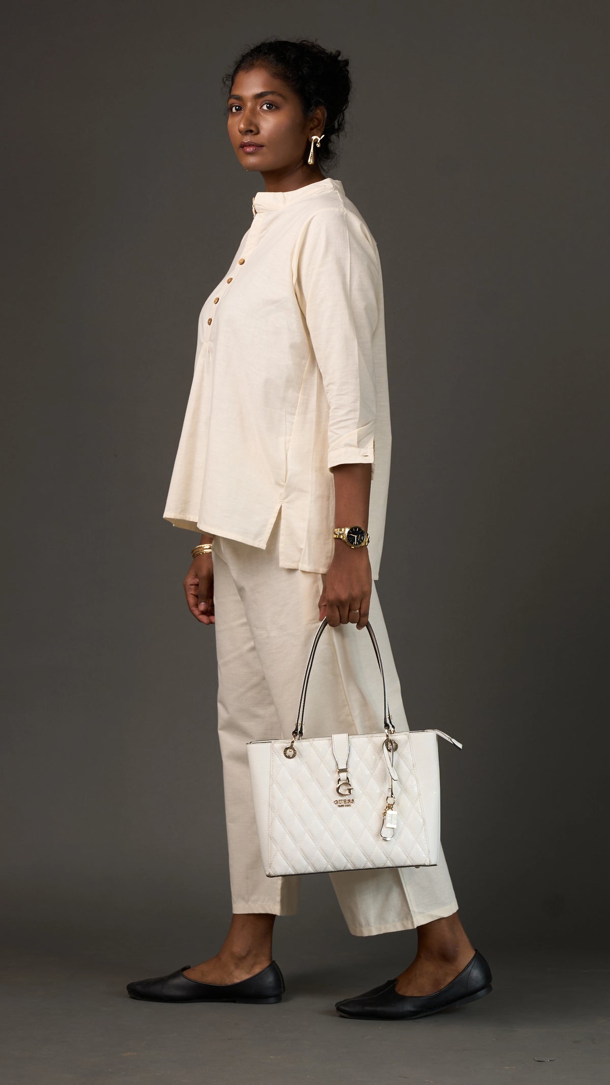 KANSO | White Cotton Linen Mandarin Collar Tunic with Wooden Buttons