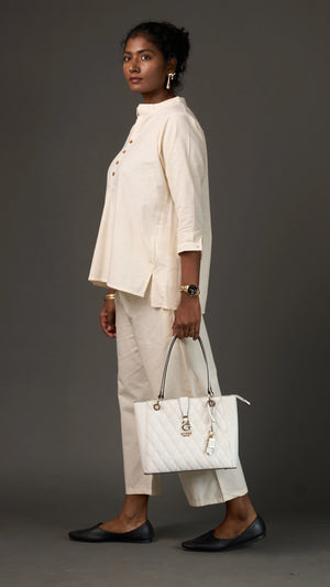 KANSO | White Cotton Linen Mandarin Collar Tunic with Wooden Buttons