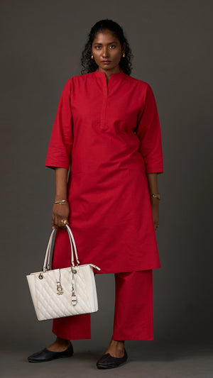 KANSO | Red Cotton Linen Mandarin Collar long Kurta