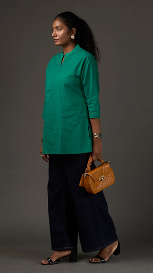 KANSO | Green Cotton Linen Mandarin Collar Regular Fit Tunic