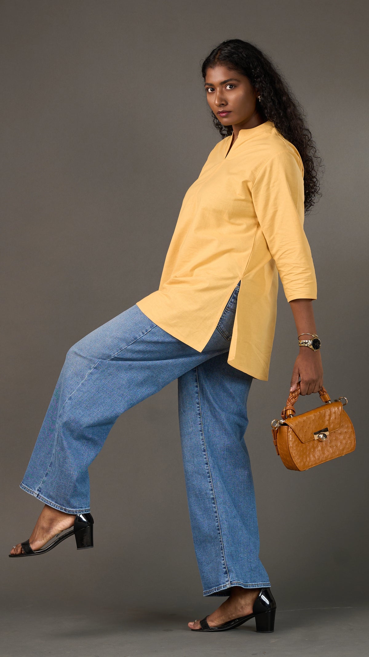 KANSO | Yellow Cotton Linen Mandarin Collar Regular Fit Tunic