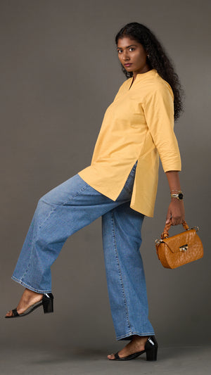 KANSO | Yellow Cotton Linen Mandarin Collar Regular Fit Tunic