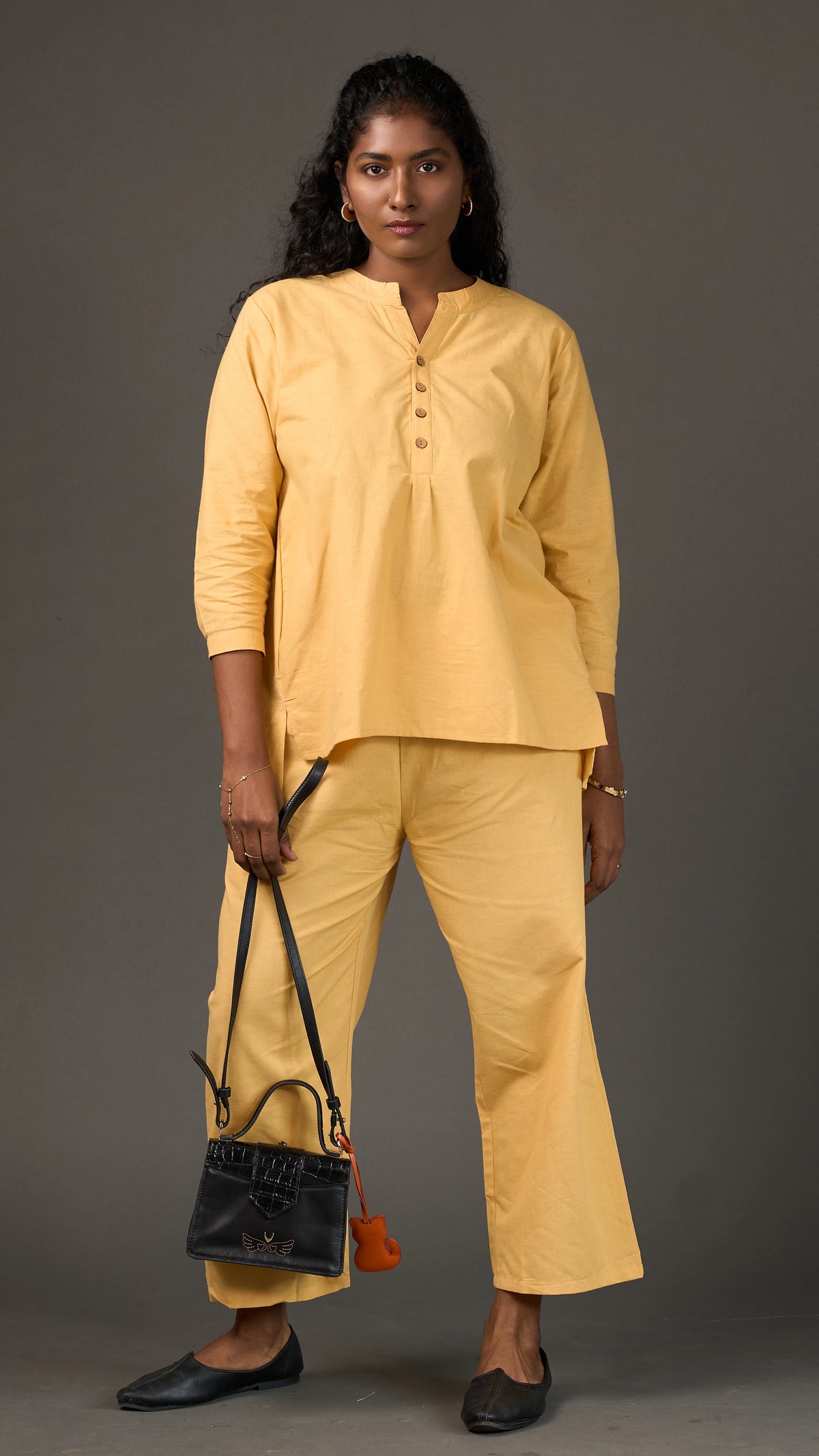 KANSO | Yellow Cotton Linen Mandarin Collar Tunic with Wooden Buttons