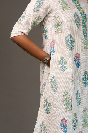 SANGANERI | Ivory Ash striped Floral Cotton Shirt Dress