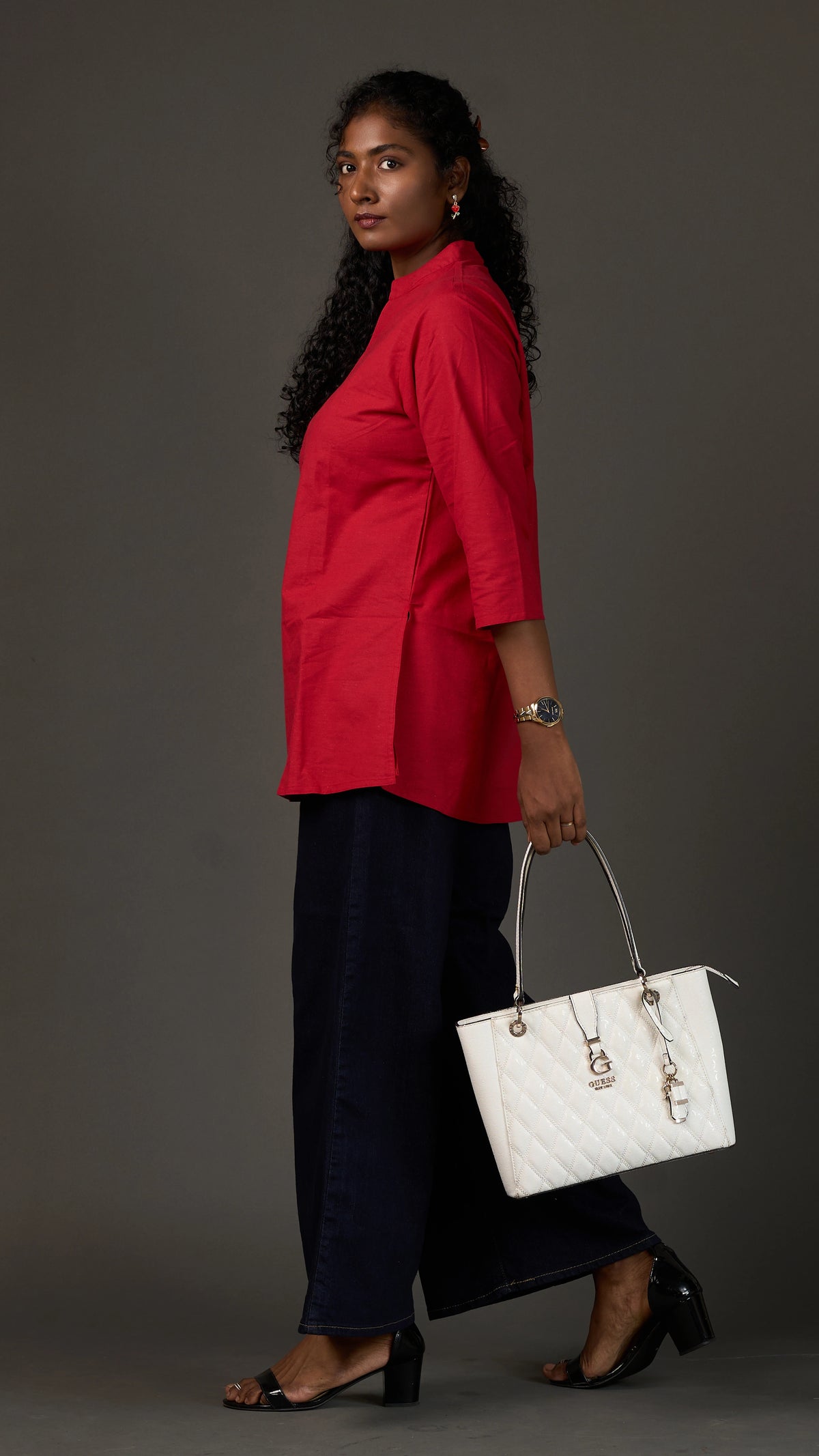 KANSO | Red Cotton Linen Mandarin Collar Regular Fit Tunic