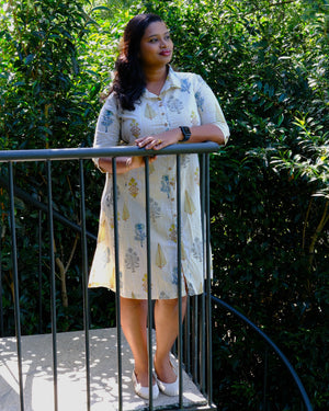 Sanganeri Hand Block Print A-Line Shirt Dress — Mustard Stripe | 100% Premium Cotton