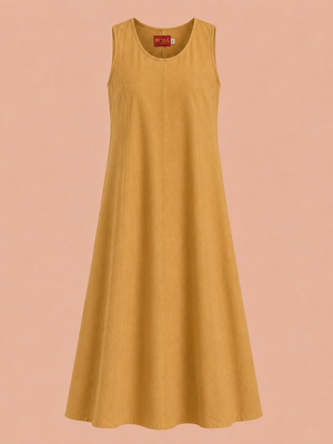 KANSO Women's Cotton Linen Sleeveless A-Line Dress | Boat Neck Midi Dress