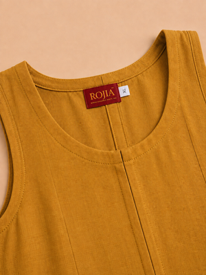 KANSO Women's Cotton Linen Sleeveless A-Line Dress | Boat Neck Midi Dress