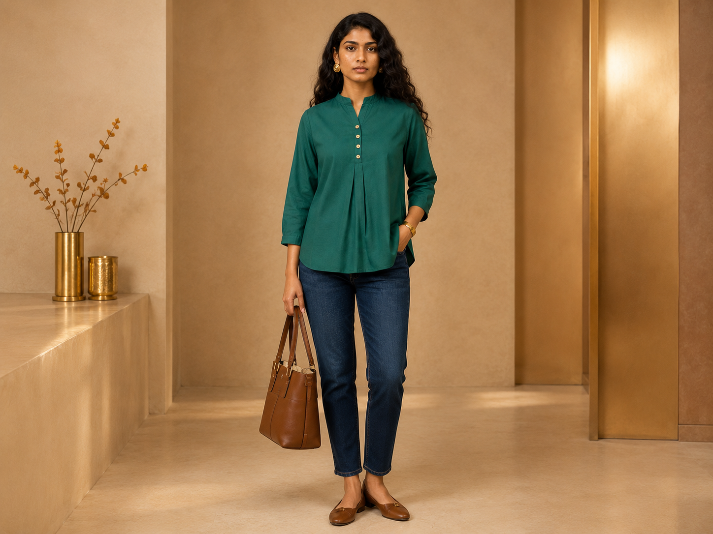 KANSO Women's Cotton Linen Mandarin Collar Top | Button-Down High-Low Hem Shirt