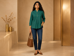 KANSO Women's Cotton Linen Mandarin Collar Top | Button-Down High-Low Hem Shirt