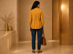 KANSO Women's Cotton Linen Mandarin Collar Top | Button-Down High-Low Hem Shirt