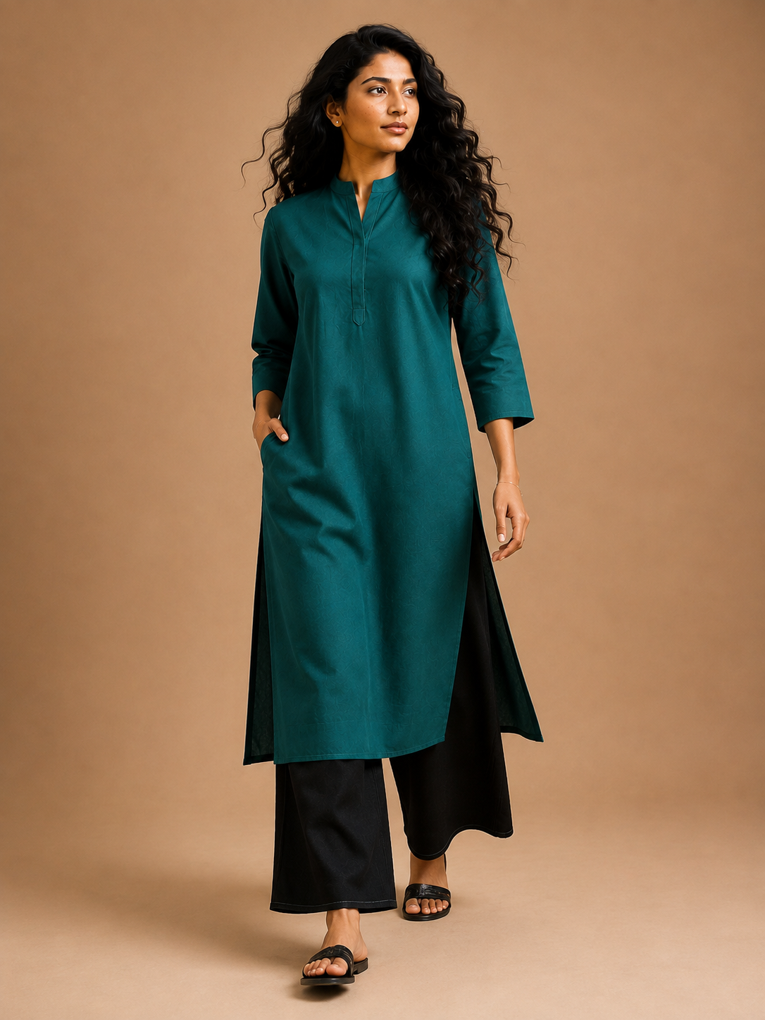 KANSO Women's Cotton Linen Long Kurta | Mandarin Collar Straight Fit Kurta with Pocket