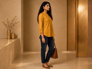 KANSO Women's Cotton Linen Mandarin Collar Top | Button-Down High-Low Hem Shirt