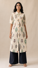 Sanganeri Heritage Shirt Dress Kurta for Women | 100% Super-Soft Cotton | Hand Block Print Longline Kurta with Pockets, Wooden Buttons & Centre Slit