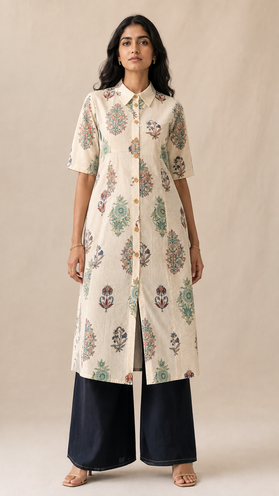 Sanganeri Heritage Shirt Dress Kurta for Women | 100% Super-Soft Cotton | Hand Block Print Longline Kurta with Pockets, Wooden Buttons & Centre Slit