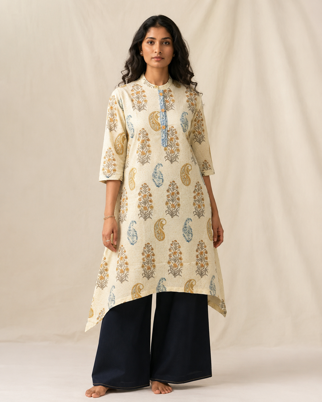 SANGANERI Pistachio Hand Block Print Asymmetrical Kurta | 100% Premium Cotton Mandarin Collar Kurta