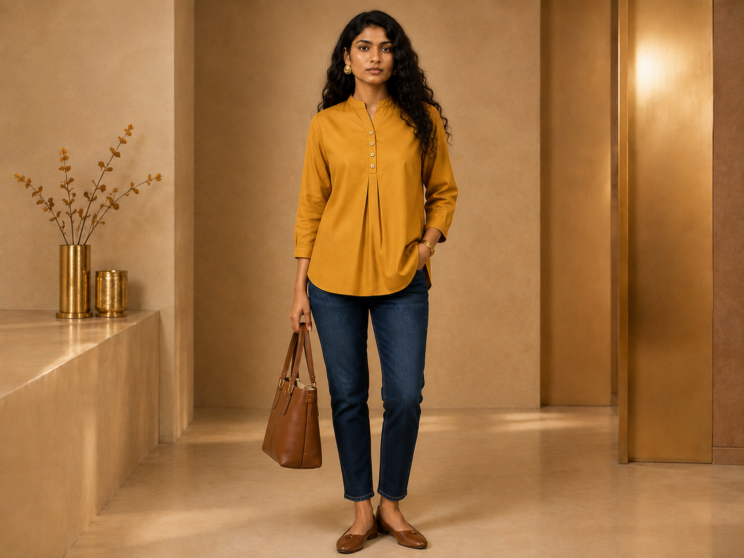 KANSO Women's Cotton Linen Mandarin Collar Top | Button-Down High-Low Hem Shirt