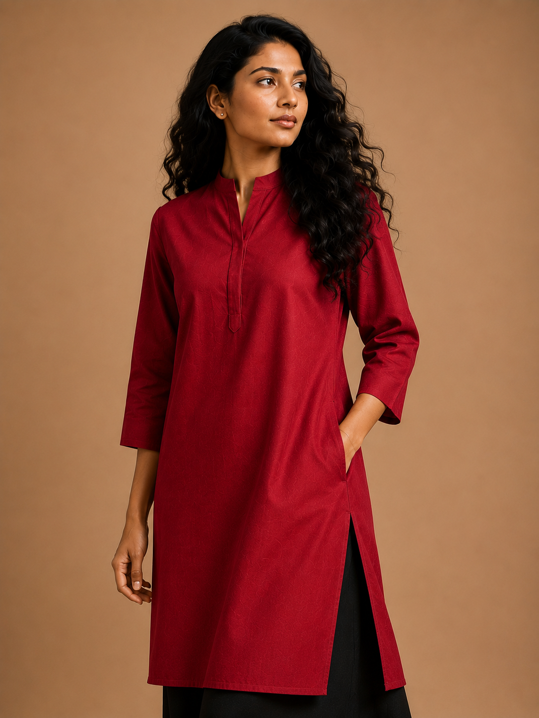 KANSO Women's Cotton Linen Long Kurta | Mandarin Collar Straight Fit Kurta with Pocket