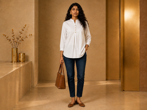 KANSO Women's Cotton Linen Mandarin Collar Top | Button-Down High-Low Hem Shirt