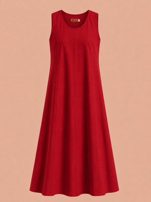 KANSO Women's Cotton Linen Sleeveless A-Line Dress | Boat Neck Midi Dress
