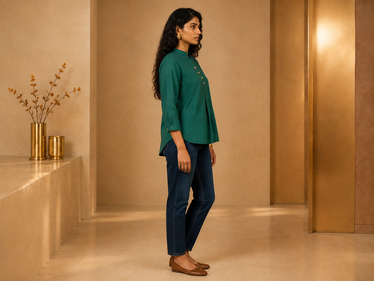 KANSO Women's Cotton Linen Mandarin Collar Top | Button-Down High-Low Hem Shirt