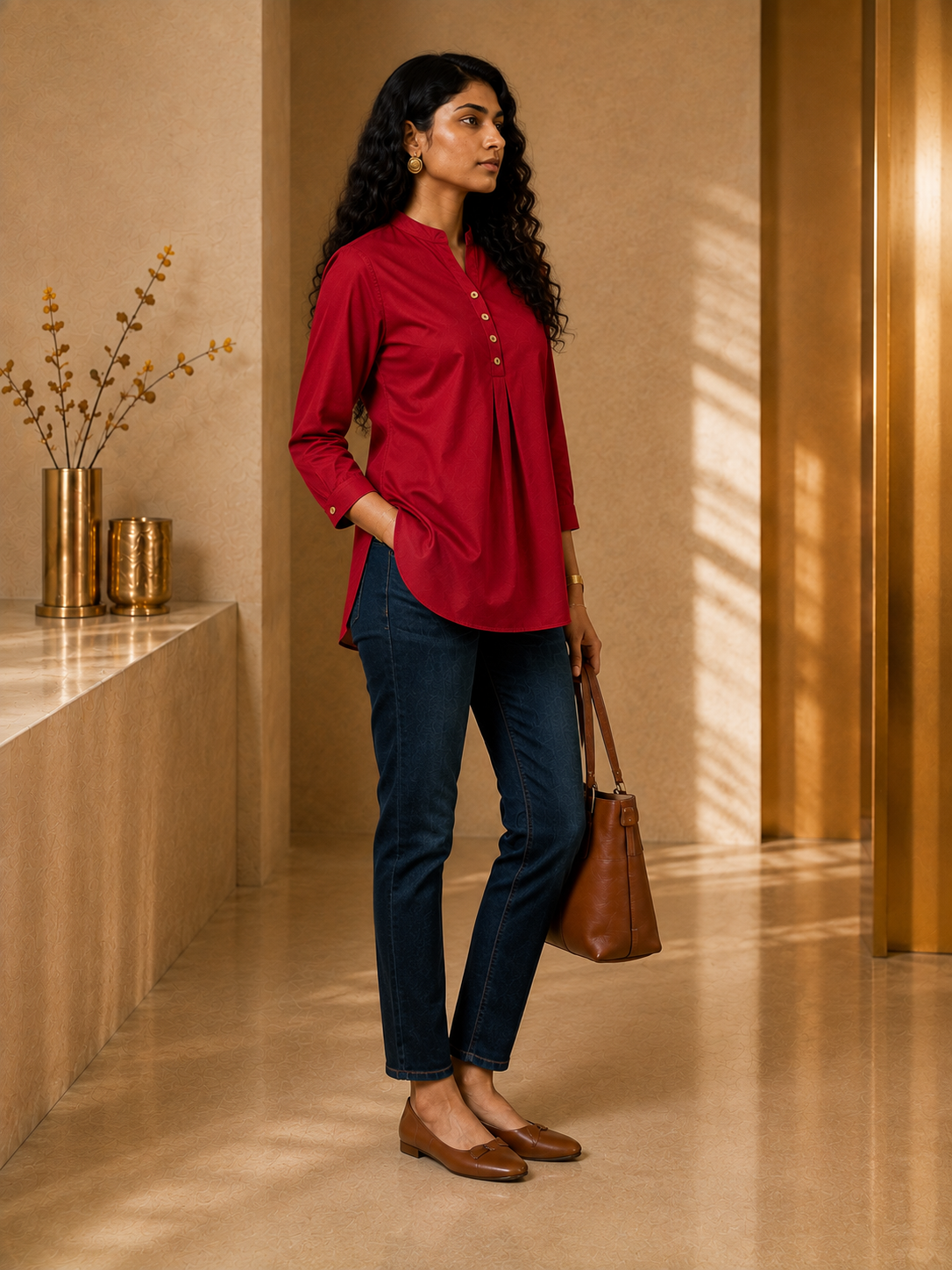 KANSO Women's Cotton Linen Mandarin Collar Top | Button-Down High-Low Hem Shirt