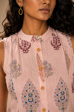 SANGANERI Gulab Hand Block Print Sleeveless A-Line Dress | GI-Tagged Jaipur Craft Cotton Dress