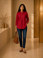 KANSO Women's Cotton Linen Mandarin Collar Top | Button-Down High-Low Hem Shirt