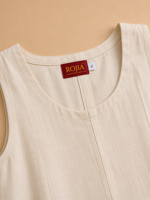 KANSO Women's Cotton Linen Sleeveless A-Line Dress | Boat Neck Midi Dress