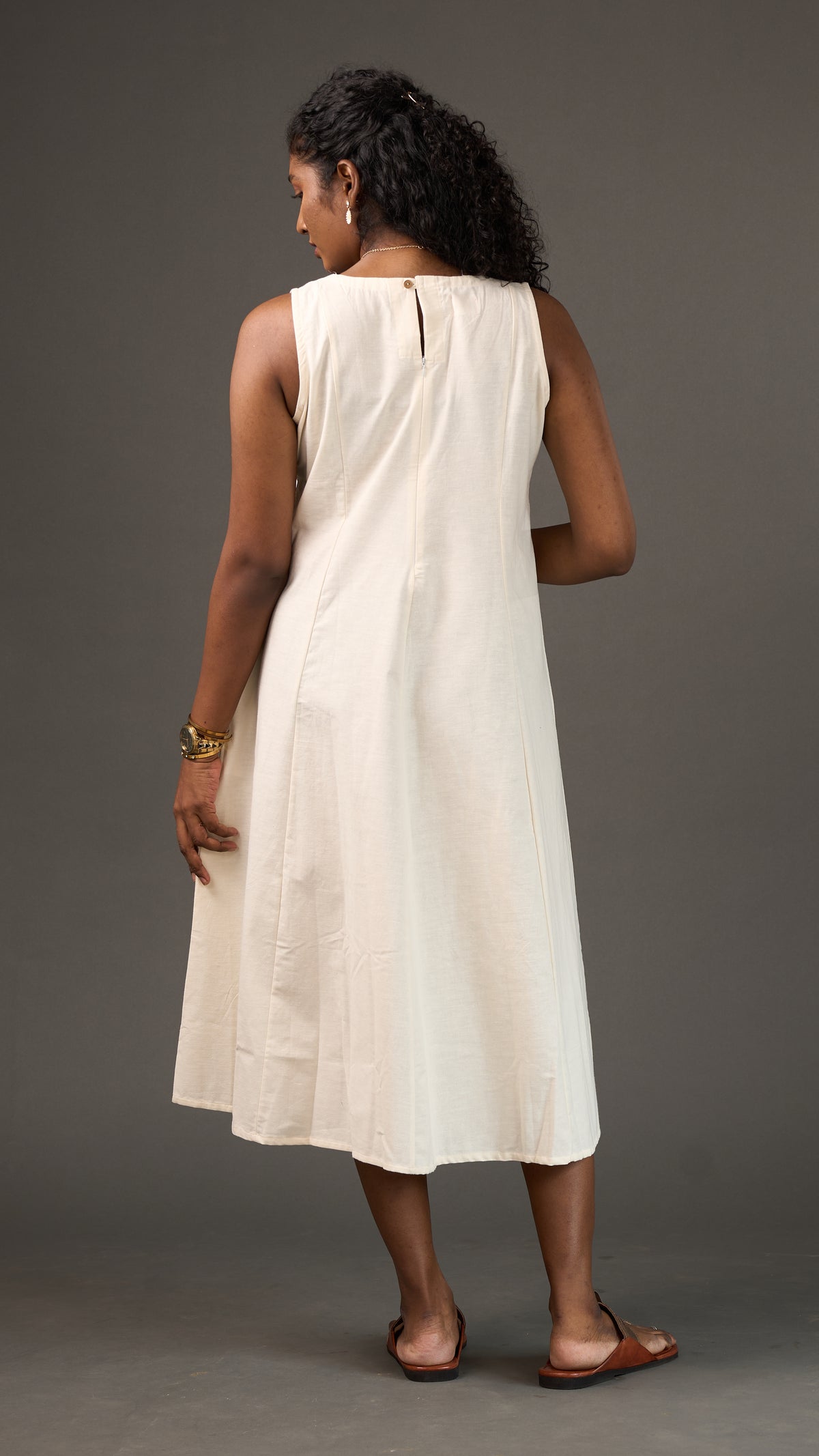 KANSO | White Sleeveless Cotton Linen A-Line Midi Dress