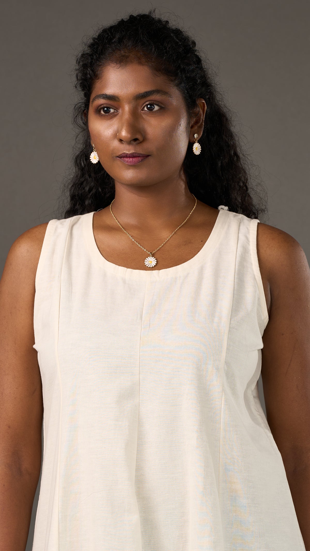 KANSO | White Sleeveless Cotton Linen A-Line Midi Dress