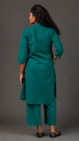 KANSO | Green Cotton Linen Mandarin Collar long Kurta