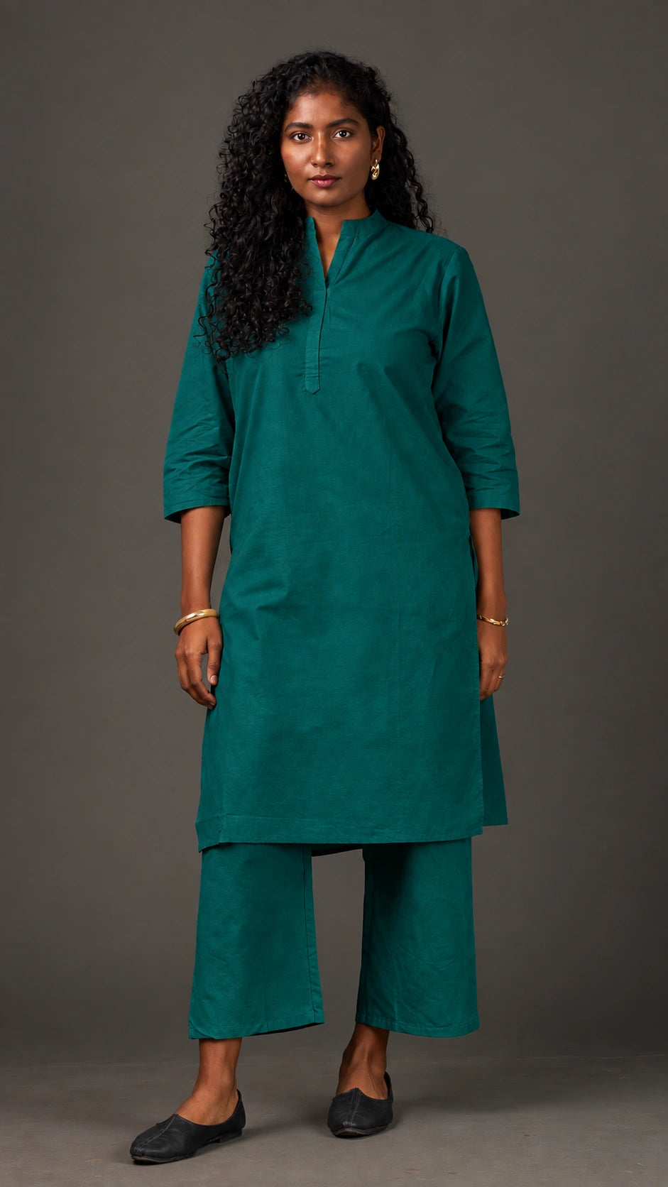 KANSO | Green Cotton Linen Mandarin Collar long Kurta