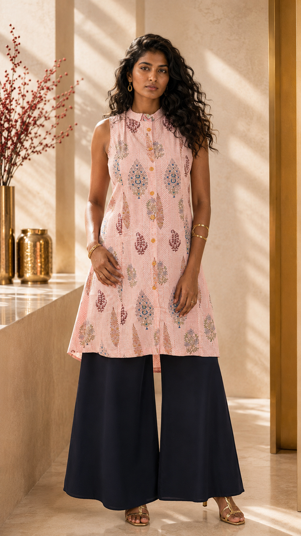 SANGANERI Gulab Hand Block Print Sleeveless A-Line Dress | GI-Tagged Jaipur Craft Cotton Dress