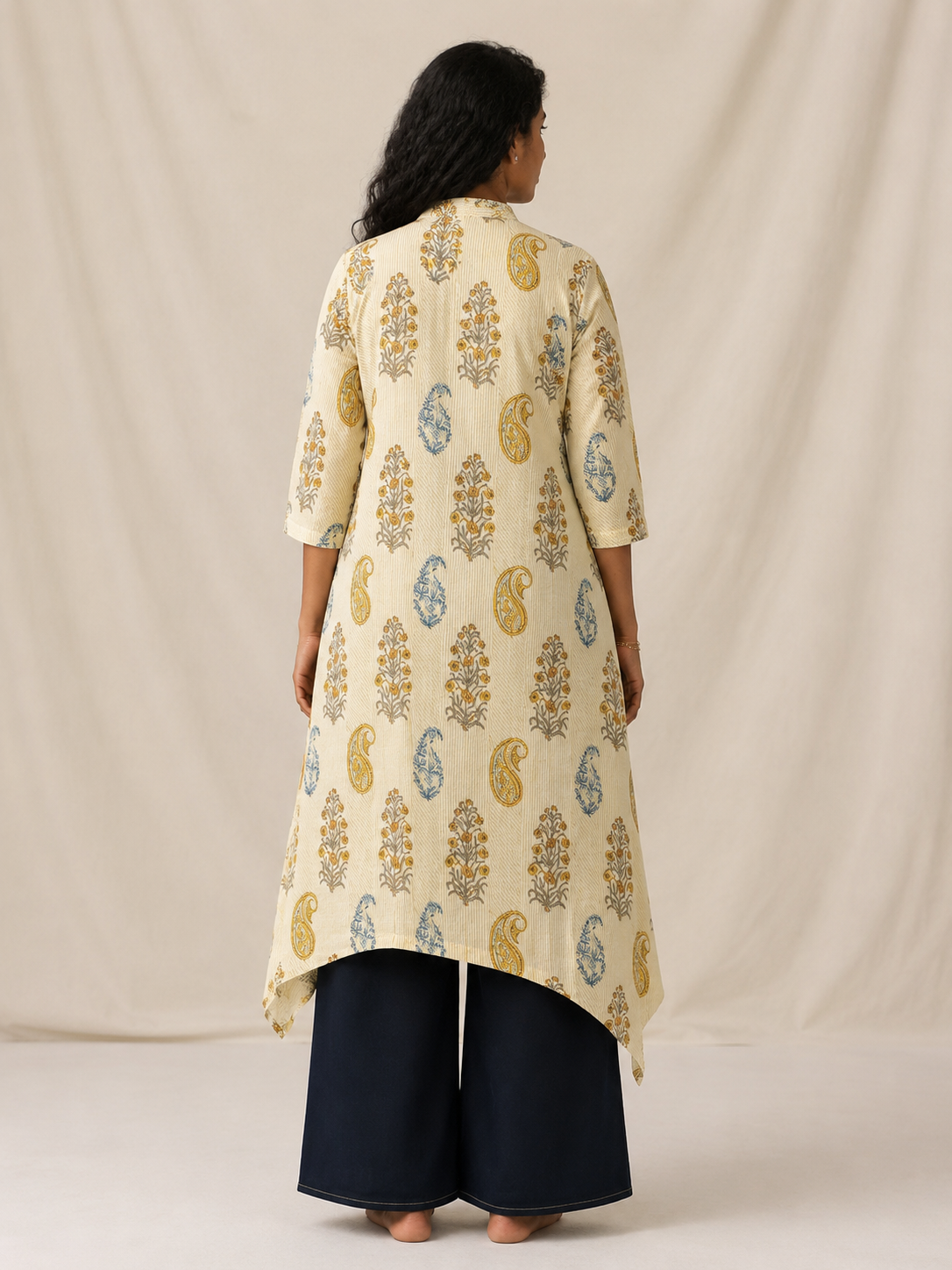 SANGANERI Pistachio Hand Block Print Asymmetrical Kurta | 100% Premium Cotton Mandarin Collar Kurta