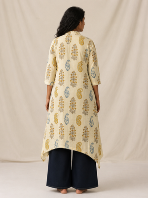 SANGANERI Pistachio Hand Block Print Asymmetrical Kurta | 100% Premium Cotton Mandarin Collar Kurta