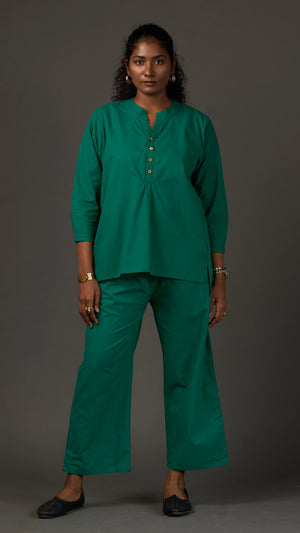 KANSO | Green Cotton Linen Mandarin Collar Tunic with Wooden Buttons