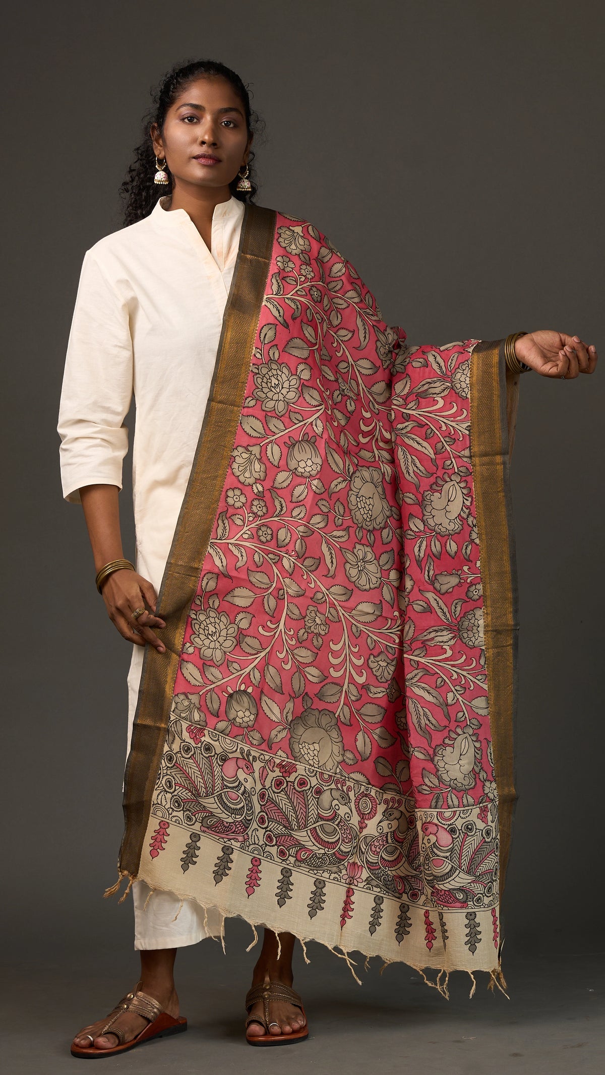 KALAMKARI | Collector's edition Rose' Pink floral Shawl-Handcrafted
